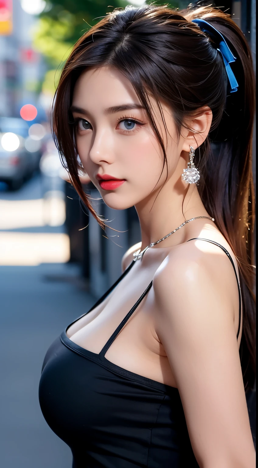 Urban beautiful girl college student, masterpiece, light makeup, red lips, silver hair, messy long hair, street background, beautiful, elegant. super fine details, master works, authentic texture, cinematic lighting realism, perfect job, 16k, hd, exquisite features,blue eyes、japanese idol、beautiful顔、cute smile、brown hair、beautiful hair、ponytail、glamorous、 big breasts、nipple、oily skin、shiny skin、sunburned skin、Shining black skin、sexy camisole,T-back, bright big eyes, smooth skin, earrings, necklace,facing forward