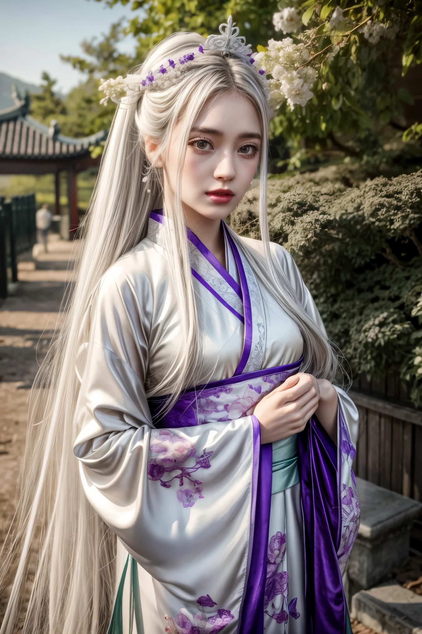 1 fille, seulement, longs cheveux blancs, yeux verts brillants, yeux détaillés, cligne des yeux et tu vas rater ce détail, Hanfu en soie, robe blanche hanfu, papillons scintillants violets, En plein air, Jardin de fleurs, Haute qualité, Hanfu chinois ancien, fond floral, très détaillé