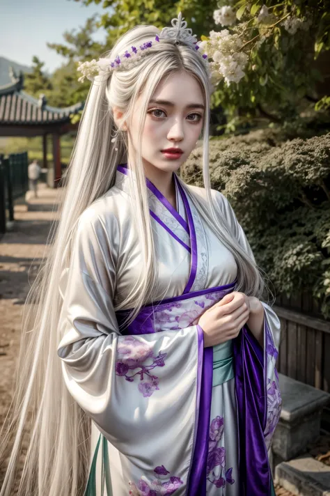 1 girl, solo, long white hair, shiny green eyes, detailed eyes, blink and youll miss it detail, silk hanfu, white robe hanfu, pu...