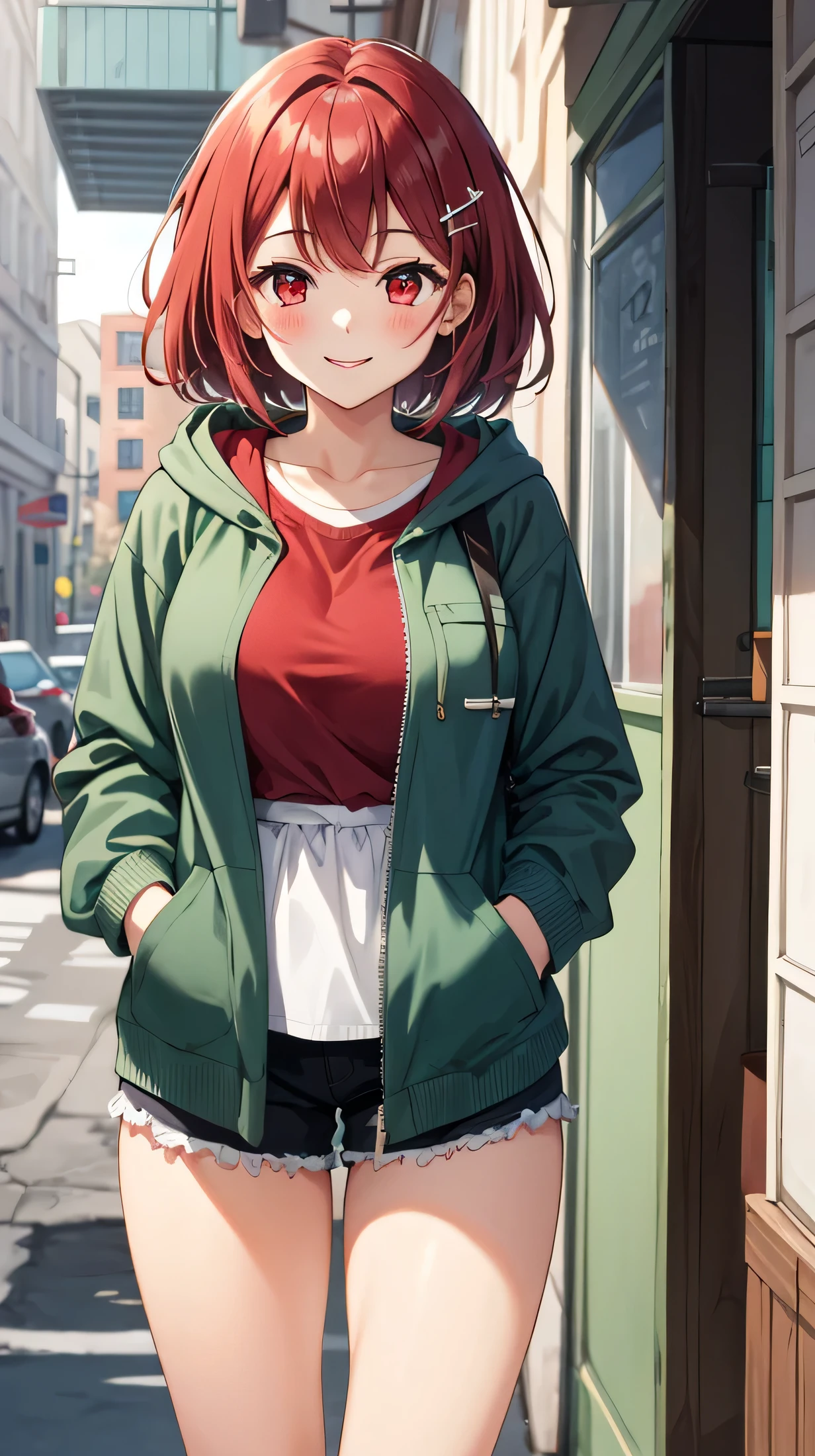 cute,cute,
1 girl, alone,
cranberry hair, pixie cut, bangs, hair ornaments,
red eyes,,
Oversized cardigan with smiling patch pockets and hood,
big breasts,
BREAK The background is a cafe,Gemini,