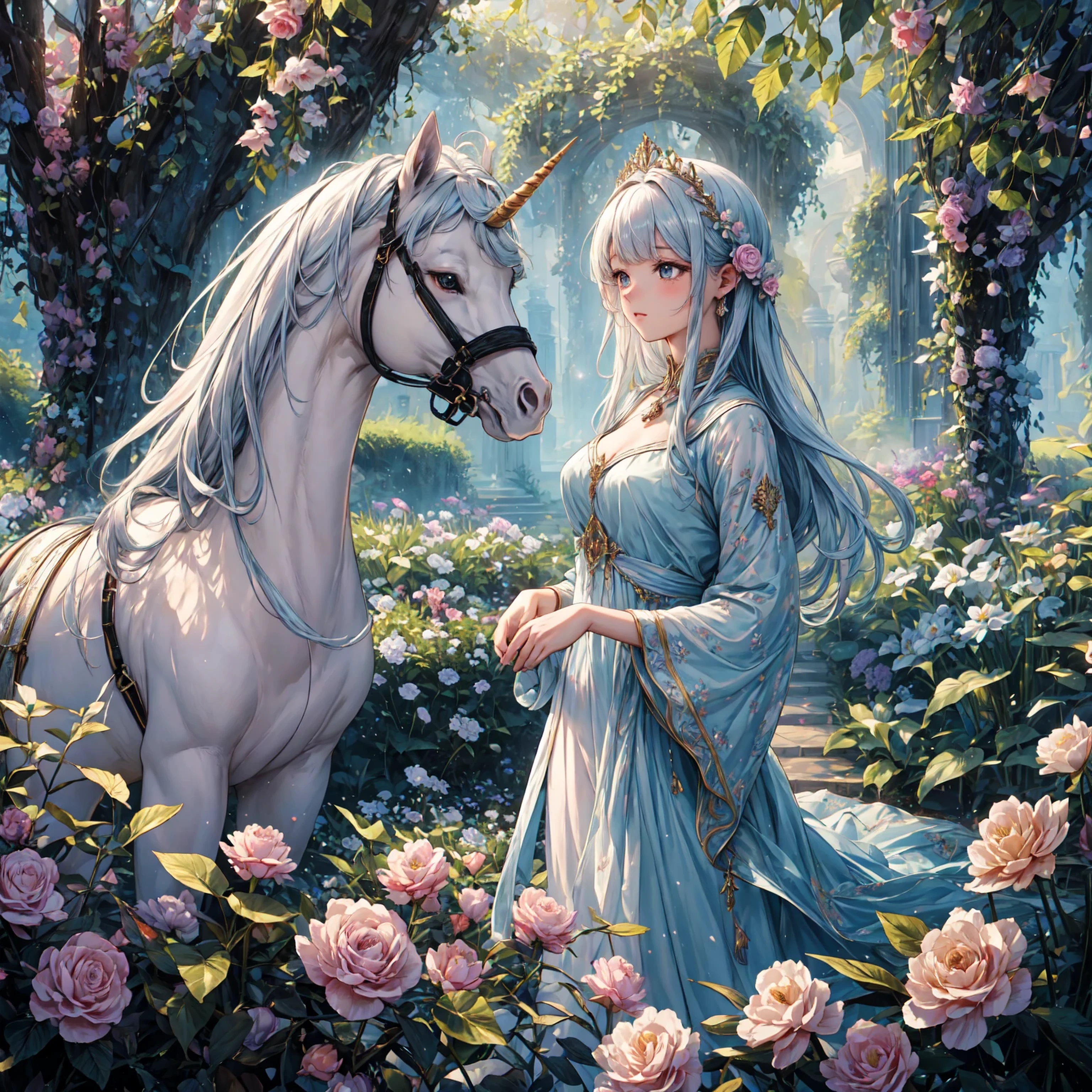 (highres,realistic) A noblewoman and a unicorn, oil painting style, in a lavish garden surrounded by blooming flowers and lush greenery, with soft natural sunlight filtering through the leaves. The noblewoman, with her regal presence and elegant attire, exudes an air of sophistication and grace. Her beautiful detailed eyes, highlighted by long, fluttering eyelashes, shimmer with a hint of mystery and wisdom. Her lips, perfectly curved and adorned with a hint of color, convey a sense of softness and refinement. She stands in awe beside the majestic unicorn, its iridescent white coat glistening under the sunlight. The unicorn, with its long flowing mane, radiates an aura of ethereal beauty and purity. Its magnificent horn, spiraling gracefully towards the sky, adds an element of mythical enchantment to the scene. The details of its eyes and face are extremely detailed, capturing every intricate nuance of its gentle expression. The unicorn's large, kind eyes reflect a deep wisdom, while its long eyelashes accentuate its elegance. The garden backdrop showcases an abundance of vibrant flowers in various hues, including roses, lilies, and tulips. The petals are meticulously rendered, revealing their intricate textures and delicate colors. The overall atmosphere is bathed in warm and vivid tones, creating a visually stunning composition. To further enhance the image quality, the prompt incorporates masterful brushwork that embodies the essence of traditional oil paintings. The textures and contours are exquisitely portrayed, ensuring a lifelike and tangible feel. The use of studio lighting techniques adds depth and dimension, accentuating the interplay of light and shadow. The prompt encapsulates a sense of enchantment and wonder, combining the elegance of the noblewoman, the mystique of the unicorn, and the beauty of nature. The realistic style, high resolution, and attention to detail result in a masterpiece that evokes a captivating and immersive experience.