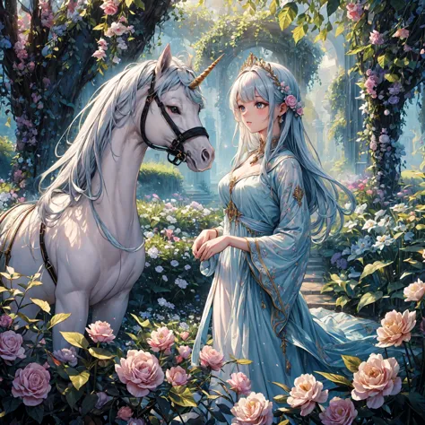 (highres,realistic) A noblewoman and a unicorn, oil painting style, in a lavish garden surrounded by blooming flowers and lush g...