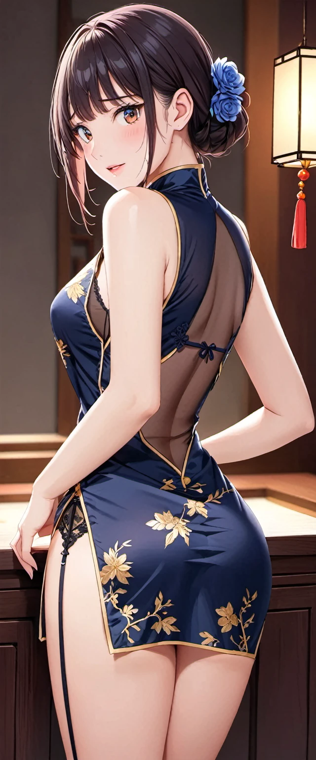 High resolution, adult woman , good lighting, despicable, , (No nudity), (((China dress))), (()), ((())), (garter belt), abdomen only, (),  ,  cute face, I&#39;m embarrassed and blush, humiliating, ((turn around and look back)), ((See-through))()(T-back)(a large amount of  is on the body,)