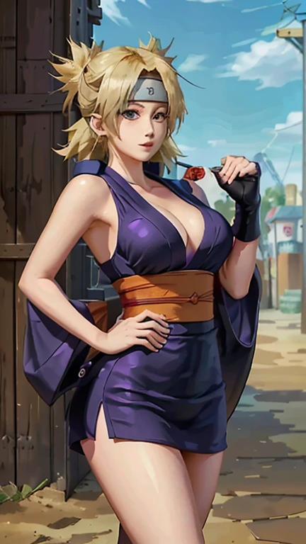 real image、8K, While describing the appearance of the adult Temari,、Express her strength and beauty。Her distinctive appearance and clothing、posture、And vividly depicting facial expressions、Please convey to the readers her proud attitude as a ninja of the Hidden Sand Village.。big breasts、purple kimono、cleavage、