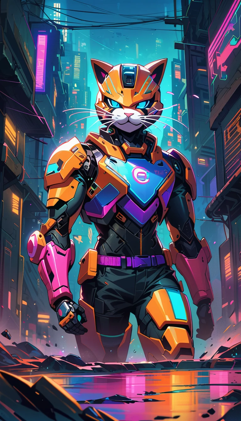 Cyberpunk Cat Knight，Glowing Eye Mechanical Armor，Metal Whiskers，Electric blue color scheme，future helmet，Vaporwave aesthetics，lightsaber，resolute determination，Fashion，Mysterious company logo，High-tech weapons，night adventure，dimly lit alley，cityscape background，Broken glass reflection，bionic enhancement，Calm and confident
