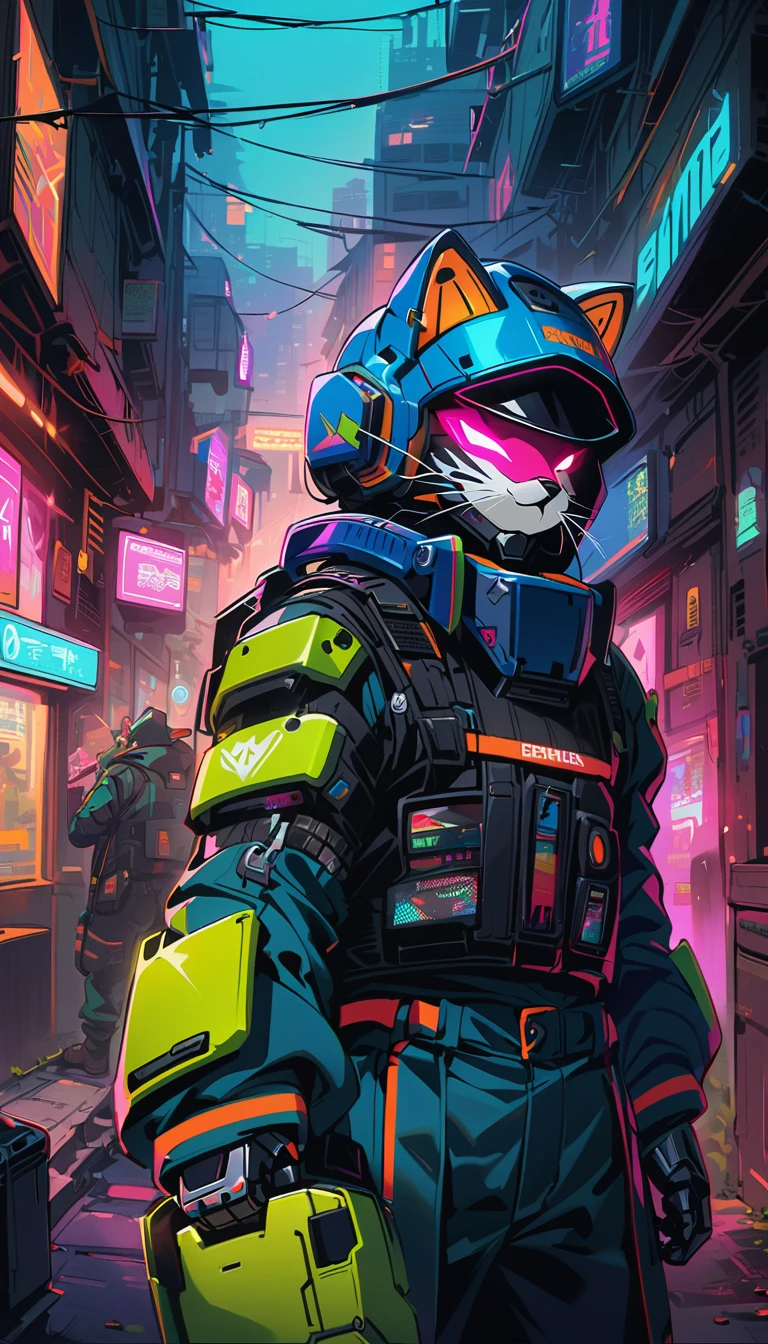 Cyberpunk Cat Knight，Glowing Eye Mechanical Armor，Metal Whiskers，Electric blue color scheme，future helmet，Vaporwave aesthetics，lightsaber，resolute determination，Fashion，Mysterious company logo，High-tech weapons，night adventure，dimly lit alley，cityscape background，Broken glass reflection，bionic enhancement，Calm and confident