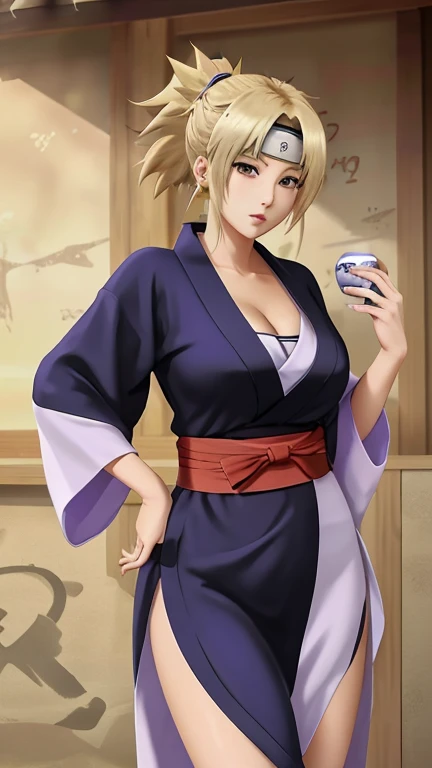 (real image)、8K, While describing the appearance of the adult Temari,、Express her strength and beauty。Her distinctive appearance and clothing、posture、And vividly depicting facial expressions、Please convey to the readers her proud attitude as a ninja of the Hidden Sand Village.。big breasts、purple kimono、slit、cleavage、gentle expression、blonde、short ponytail、