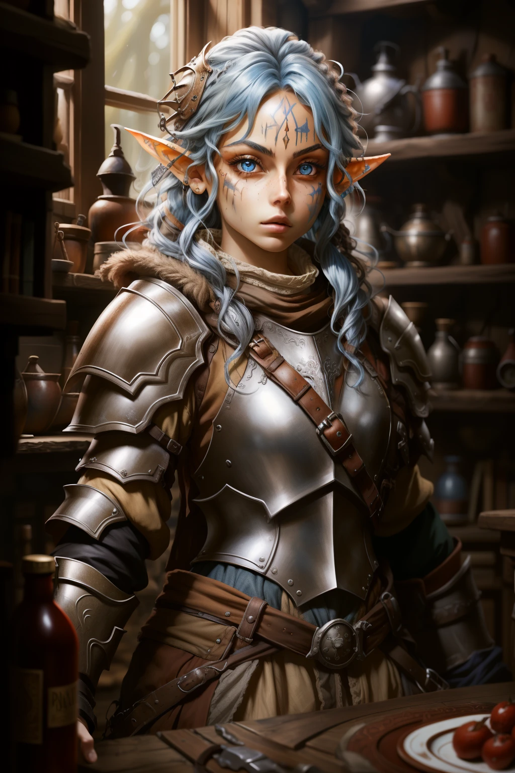 (masterpiece, best quality), 1girl, rpggnome, female, full plate armor, facial marks blue hair, blue eyes, steampunk, adventurer