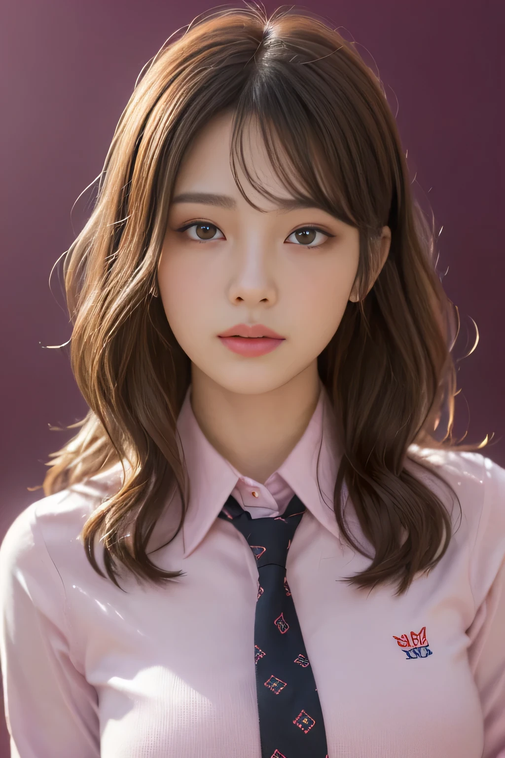 (1 girl:1.3), break, half body shot, Japanese, 1 supermodel, Chubby body type, Plump, high school girl, (From the side), (highest quality:1.4), 32K resolution, (realistic:1.5), (Super realistic:1.5), High resolution 32k UHD, (masterpiece:1.2)), (Improvement of quality:1.4), (very beautiful facial details), (Highest quality realistic skin texture:1.4), (perfect anatomy:1.2), (Are standing:1.37), break, Raise the hand, (((school uniform, patterned ribbon tie, pink collared long sleeve shirt:1.15))), red plaid pleated skirt,  break, Do not emphasize the top of the bust, ((In the classroom:1.15)), precise fingers, Super detailed, symmetrical eyes, view audience,natural makeup, ((A good eye for quality:1.2)), (tired, sleepy and satisfied:0.0), (fine lips:1.33), (fine nose:1.2), ((Physically Based Rendering of the Background:1.37)), crooked:1.2, big breasts), (heavy chest:1.1, Plump lower body), brown hair, (wavy hair:1.37), anxious face, Gentle light hits your face and body。, epic and emotional movie lighting