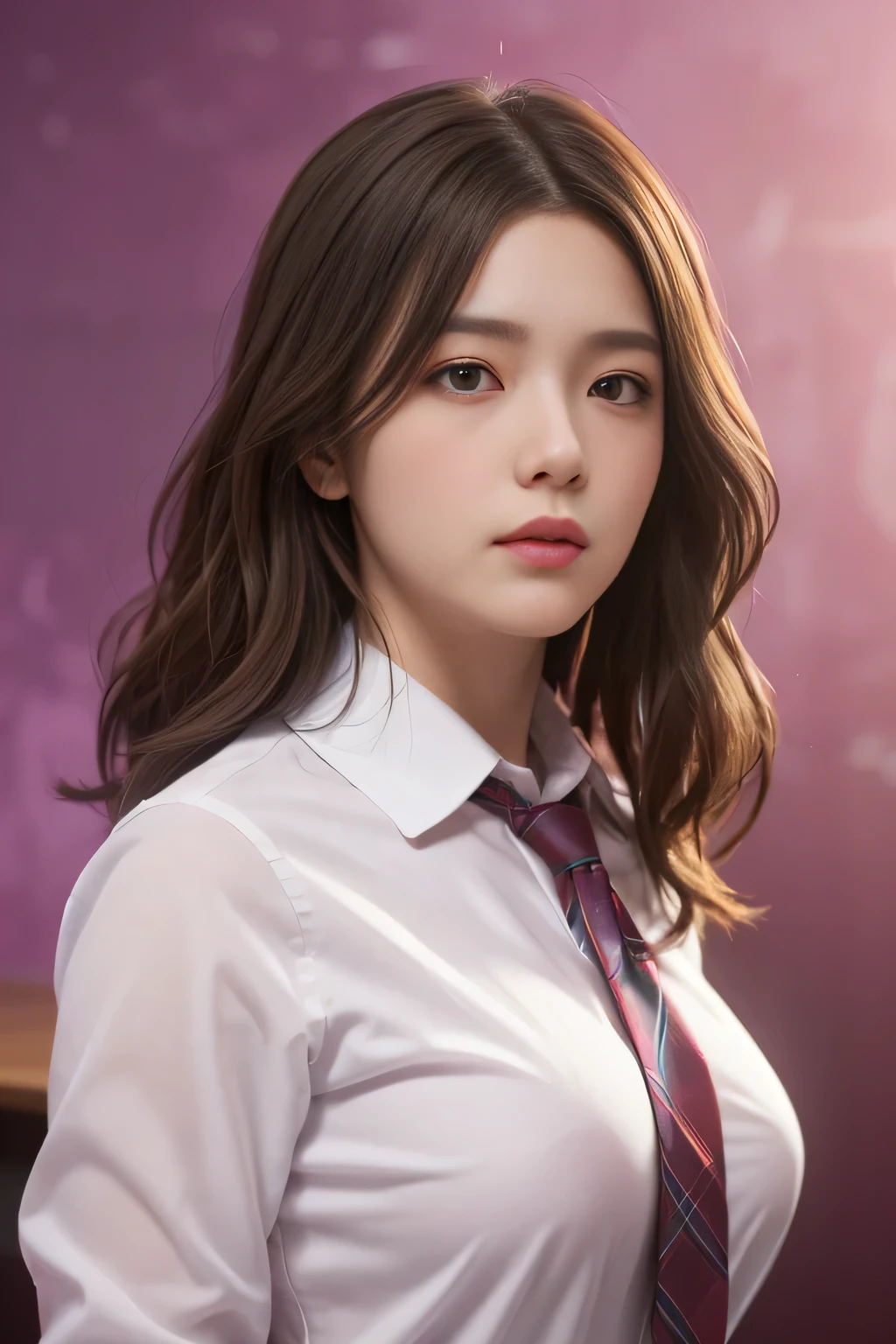 (1 girl:1.3), break, half body shot, Japanese, 1 supermodel, Chubby body type, Plump, high school girl, (From the side), (highest quality:1.4), 32K resolution, (realistic:1.5), (Super realistic:1.5), High resolution 32k UHD, (masterpiece:1.2)), (Improvement of quality:1.4), (very beautiful facial details), (Highest quality realistic skin texture:1.4), (perfect anatomy:1.2), (Are standing:1.37), break, Raise the hand, (((school uniform, patterned ribbon tie, pink collared long sleeve shirt:1.15))), red plaid pleated skirt,  break, Do not emphasize the top of the bust, ((In the classroom:1.15)), precise fingers, Super detailed, symmetrical eyes, view audience,natural makeup, ((A good eye for quality:1.2)), (tired, sleepy and satisfied:0.0), (fine lips:1.33), (fine nose:1.2), ((Physically Based Rendering of the Background:1.37)), crooked:1.2, big breasts), (heavy chest:1.1, Plump lower body), brown hair, (wavy hair:1.37), anxious face, Gentle light hits your face and body。, epic and emotional movie lighting