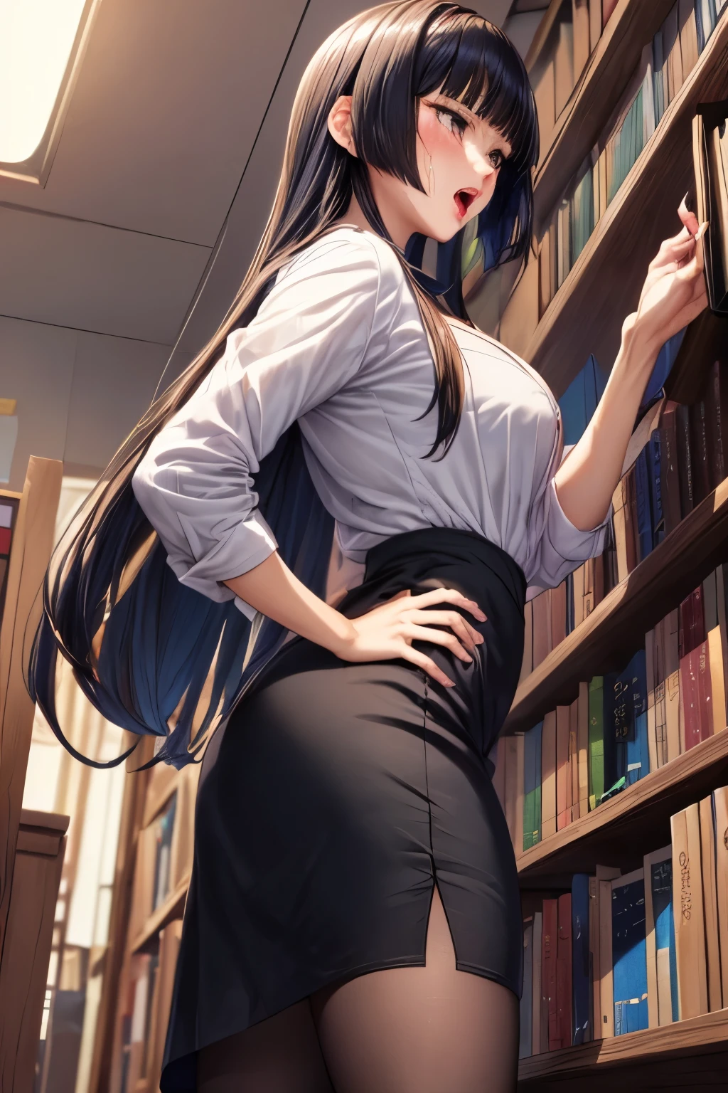 Anime girl in a library with bookshelves and backpack - SeaArt AI