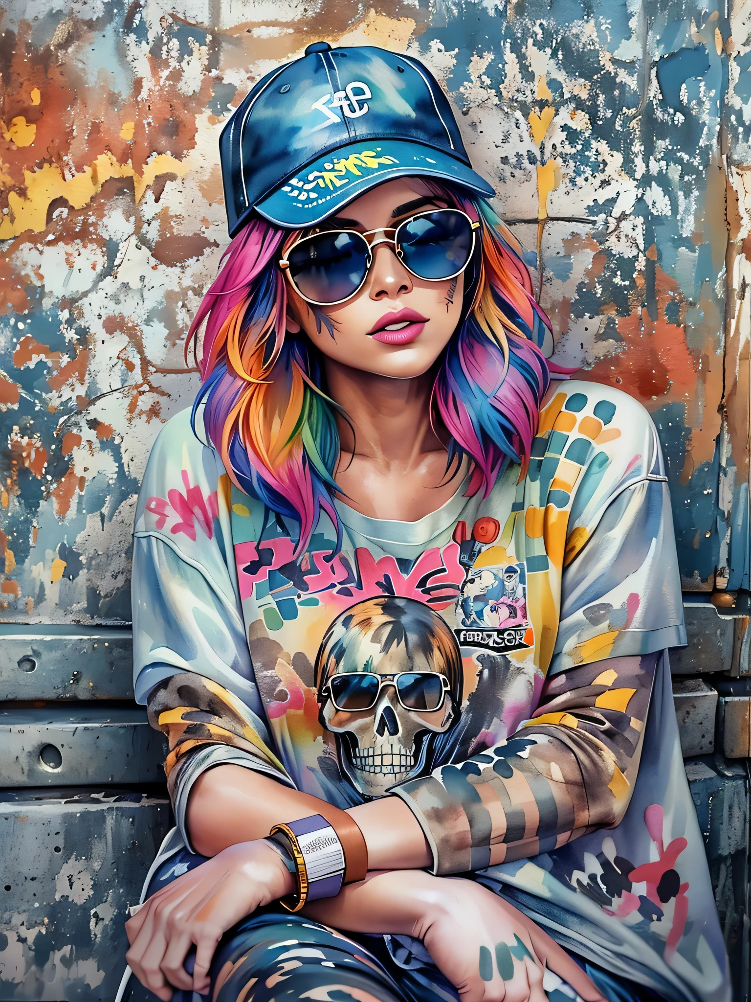 Qualité 8k, la peinture à l&#39;aquarelle, design élégant, (((La plus belle fille la plus forte de tous les temps))), Fille, Lunettes de soleil élégantes, Chapeaux à la mode, (((la plus haute qualité))), cheveux bob, pose ta main sur le mur, HDR, Détails détaillés, Mode CRÂNE, texture détaillée des vêtements, (((graffitis))), cheveux colorés, ((chef-d&#39;œuvre))、((Super détaillé))