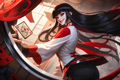 clown,white shirt,(red black magic:1.2), League of Legends สแปลชอาร์ต, woman,Bangs,black pants,Red eyes,ยืนอยู่บนcard,Long black...