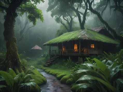 there is a small cabin in the middle of a forest, house in forest, cottage in the forest, wet lush jungle landscape, monsoon on ...