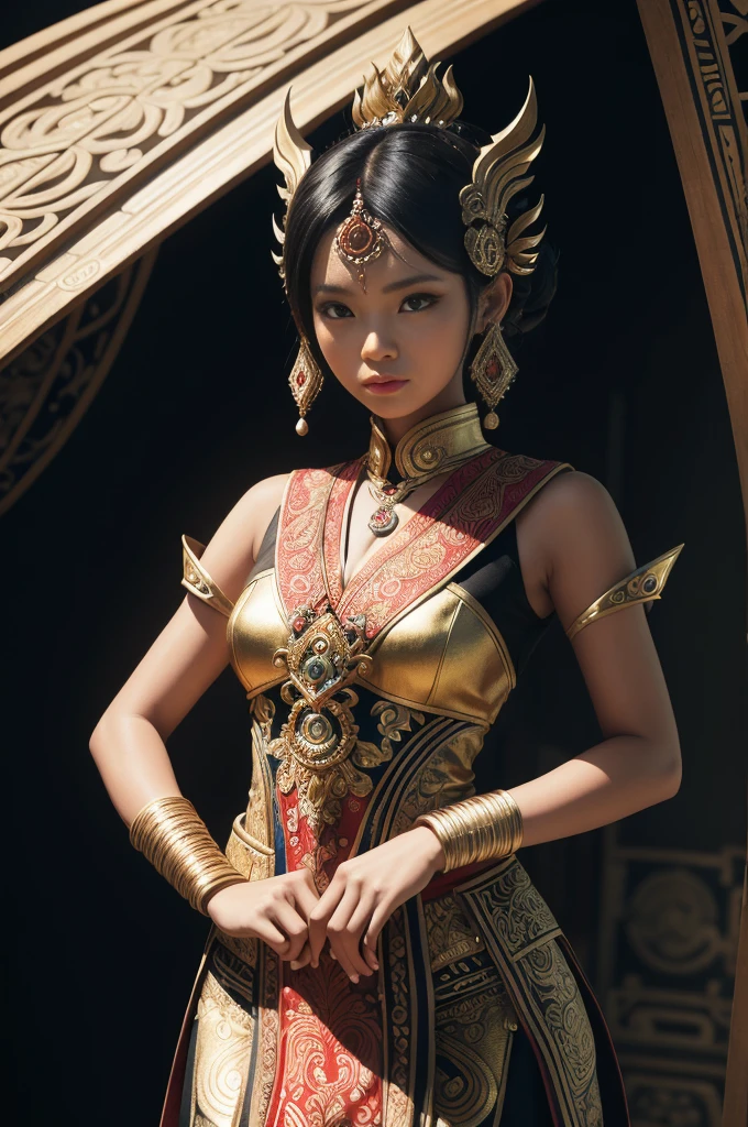 Un traje futurista de estilo indonesio usado por una niña que representa la fusión cultural y la moda moderna.. El traje está adornado con patrones intrincados y colores vibrantes., mostrando el rico patrimonio de Indonesia. La niña se encuentra con confianza en una pose dinámica., con sus ojos detallados que reflejan determinación y curiosidad.. El material del traje es una combinación de textiles tradicionales y tejidos sintéticos futuristas., dándole una apariencia única y vanguardista. La calidad general de la imagen es del más alto nivel., con enfoque nítido y renderizado ultradetallado. La obra de arte emplea técnicas de renderizado de base física., dando como resultado iluminación y sombras realistas. Los colores son vivos y vibrantes., Capturando la esencia de la estética cultural indonesia.. El fondo presenta una fusión de arquitectura moderna y elementos tradicionales., creando una mezcla armoniosa del pasado y el futuro. El mensaje explora la intersección de la cultura indonesia., diseño futurista, y la representación artística de una chica segura de sí misma..