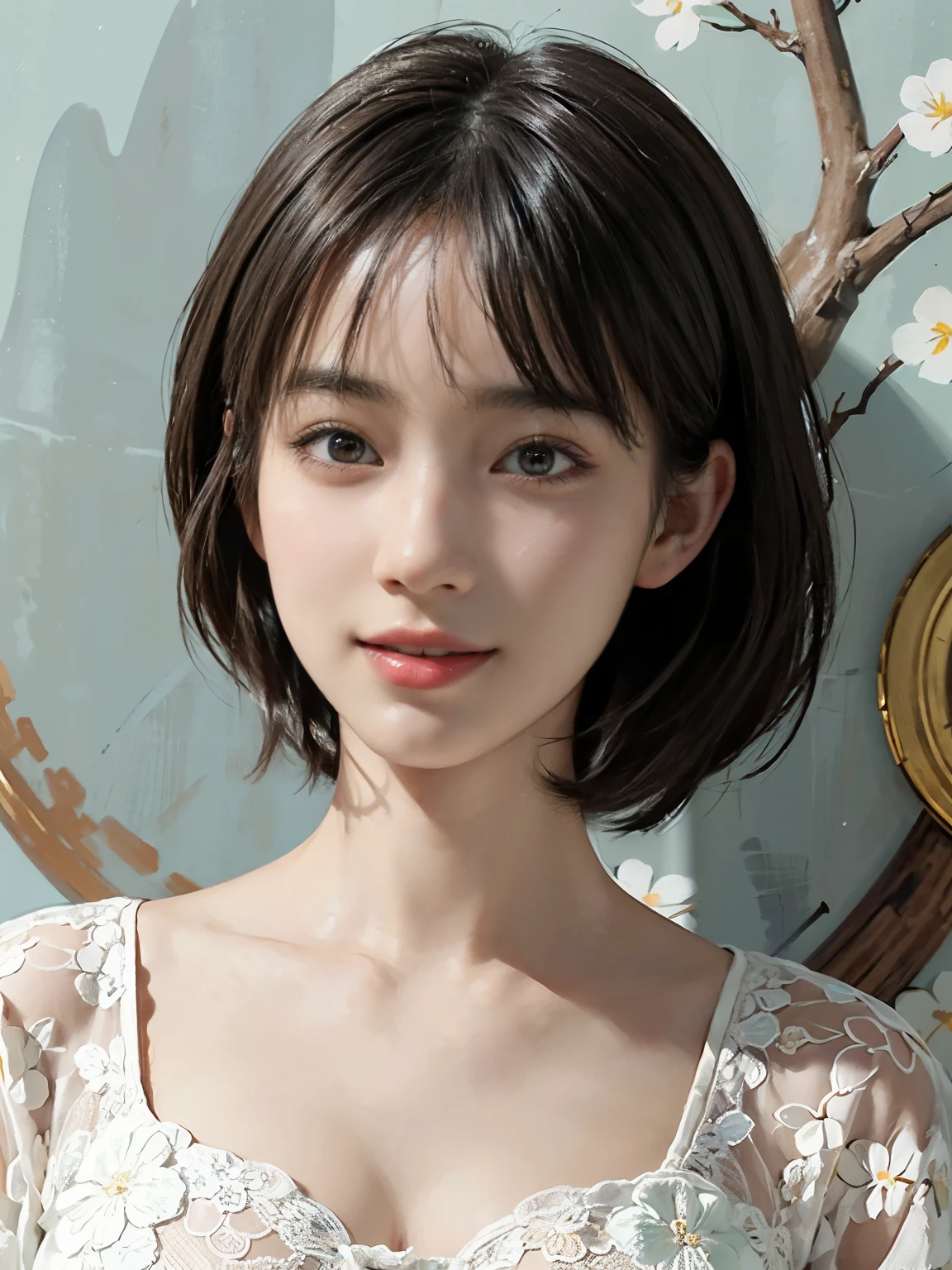 (A hyper-realistic), (illustration), (hight resolution), (8K), (highly detailed), (The best illustrations), (detailed face), (beautiful detailed eyes), (top-quality), (​masterpiece), (wall-paper), solo, Girl in dark underwear, plump breasts, smile, Upper body close-up, short hair,inner colored