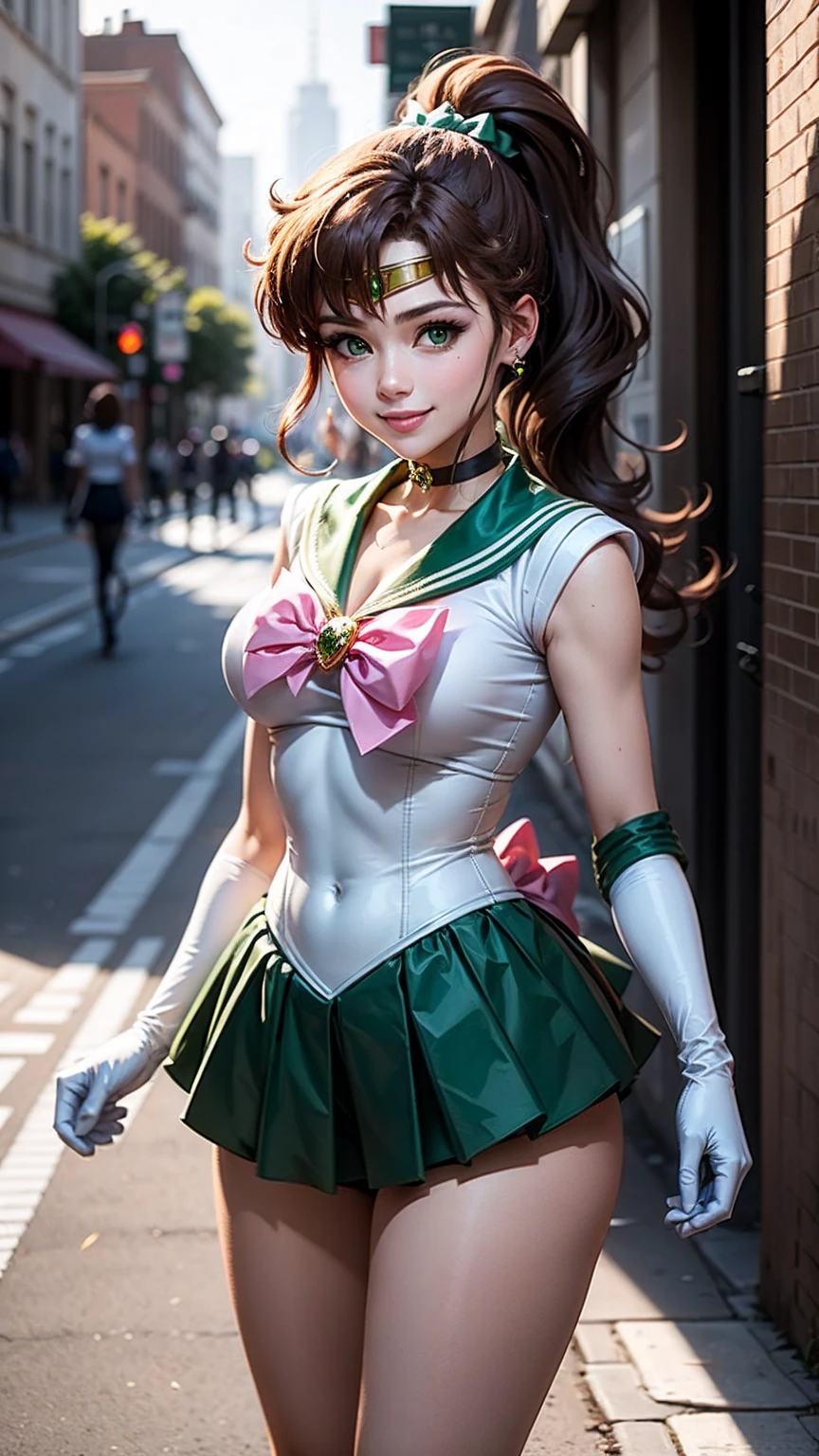 best quality, masterpiece, sailor_jupiter, brown ponytail, green eyes, pink bow, white gloves, choker, circlet, looking at viewer, smiling, medium shot, 
standing, outside, city, street, blue sky, extreme detail, hdr, beautiful quality, 