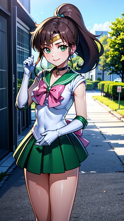 best quality, masterpiece, sailor_jupiter, brown ponytail, green eyes, pink bow, white gloves, choker, circlet, green skirt, loo...