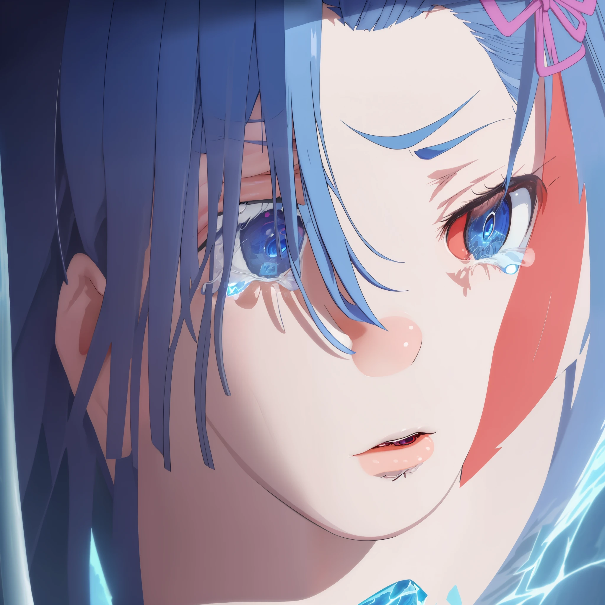 Anime girl with blue eyes and a pink bow staring at the camera - SeaArt AI