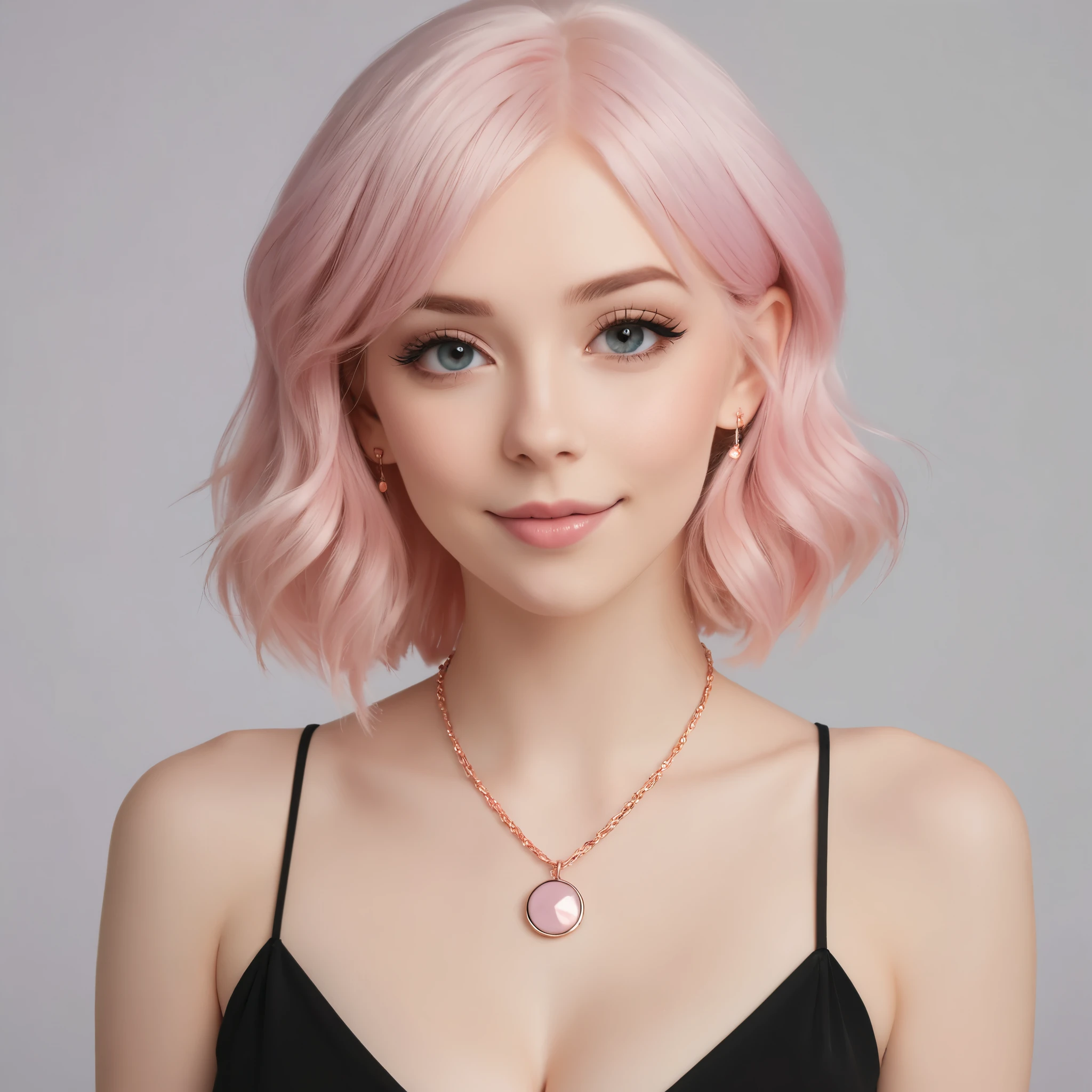 A woman with pink hair and a necklace with a pink disc - SeaArt AI