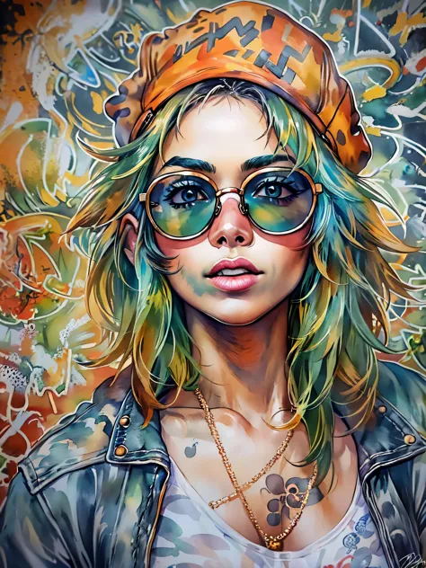 8K quality, watercolor painting, stylish design, (((The strongest beautiful girl of all time))), gal, Stylish sunglasses, Fashio...