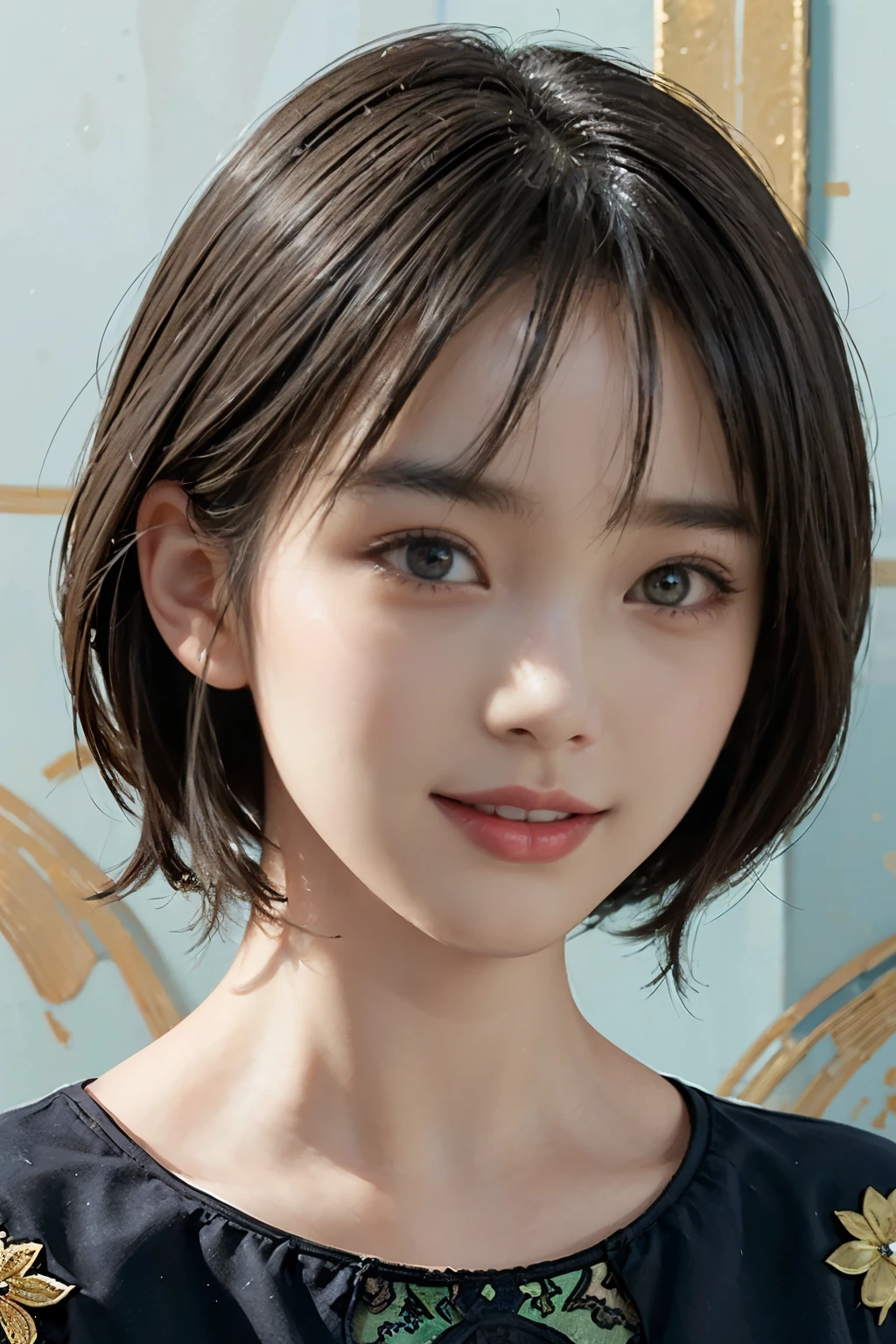 (A hyper-realistic), (illustration), (hight resolution), (8K), (highly detailed), (The best illustrations), (detailed face), (beautiful detailed eyes), (top-quality), (​masterpiece), (wall-paper), Upper body close-up, short hair,inner colored, solo, Girl in simple black underwear, plump breasts, smile