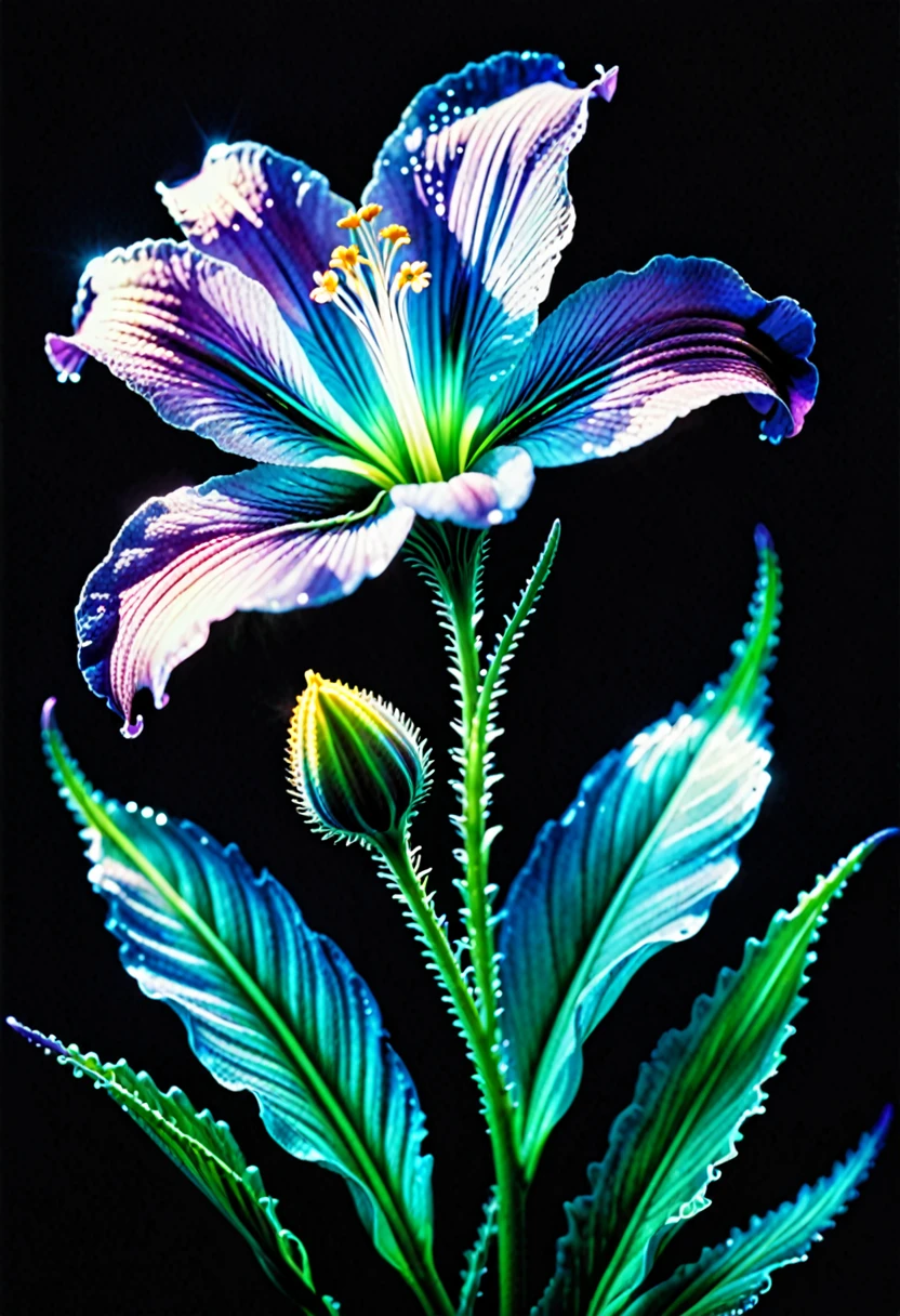 fatastic nature, ultra realism, ultra detail, bioluminescence, cibachrome, flower photography, photopainting, 90s, furrowed, vibrant holographic gradient