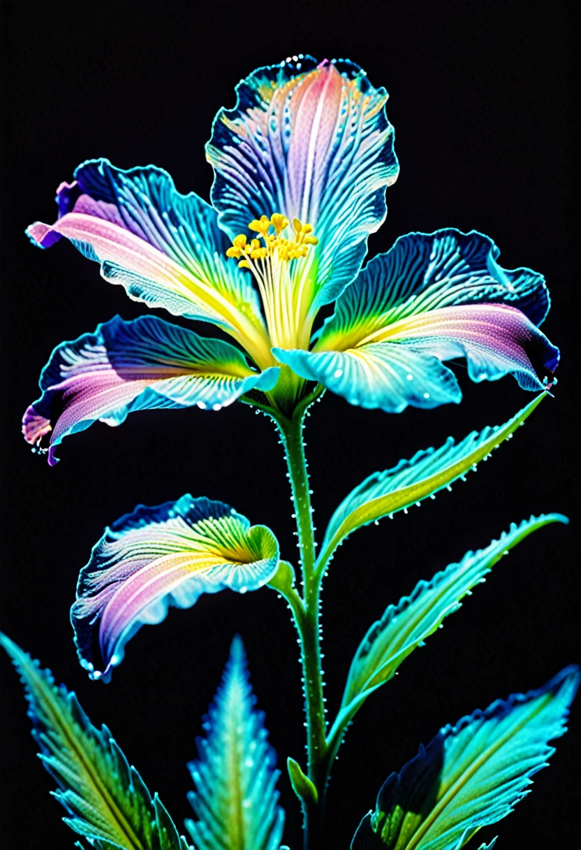 fatastic nature, ultra realism, ultra detail, bioluminescence, cibachrome, flower photography, photopainting, 90s, furrowed, vibrant holographic gradient