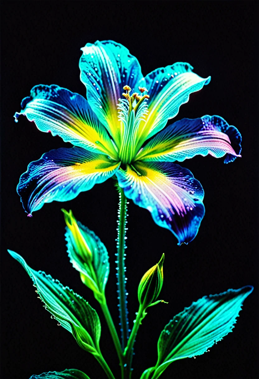 fatastic nature, ultra realism, ultra detail, bioluminescence, cibachrome, flower photography, photopainting, 90s, furrowed, vibrant holographic gradient