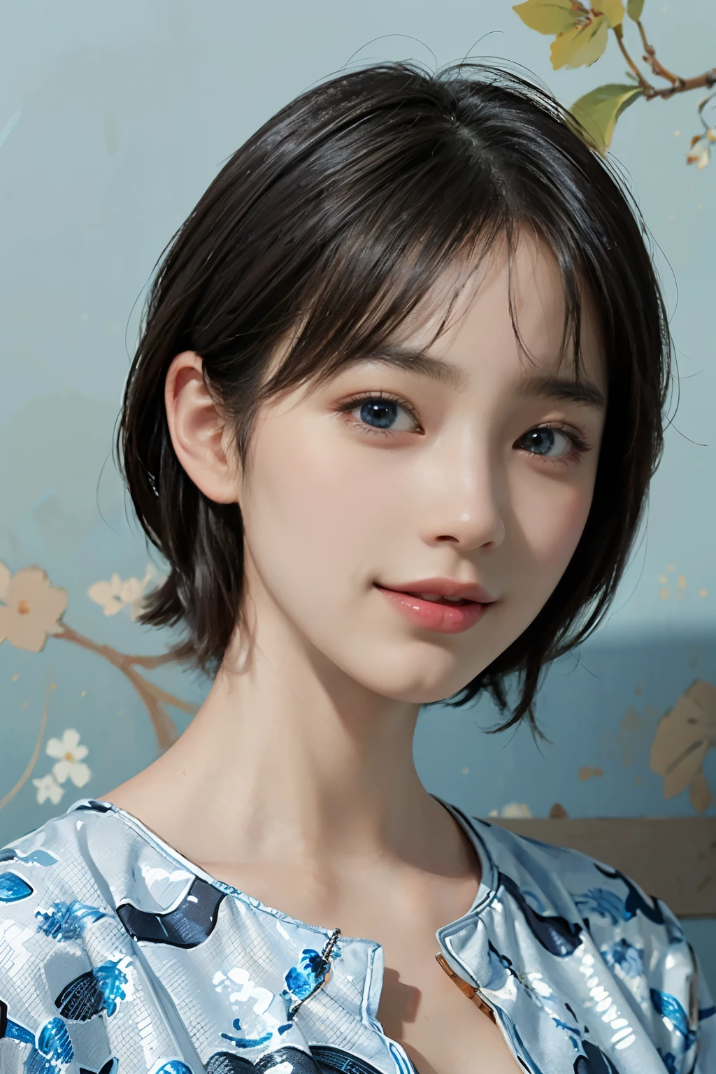 (A hyper-realistic), (illustration), (hight resolution), (8K), (highly detailed), (The best illustrations), (detailed face), (beautiful detailed eyes), (top-quality), (​masterpiece), (wall-paper), Upper body close-up, short hair,inner colored, solo, Girl in simple blue underwear, plump breasts, smile