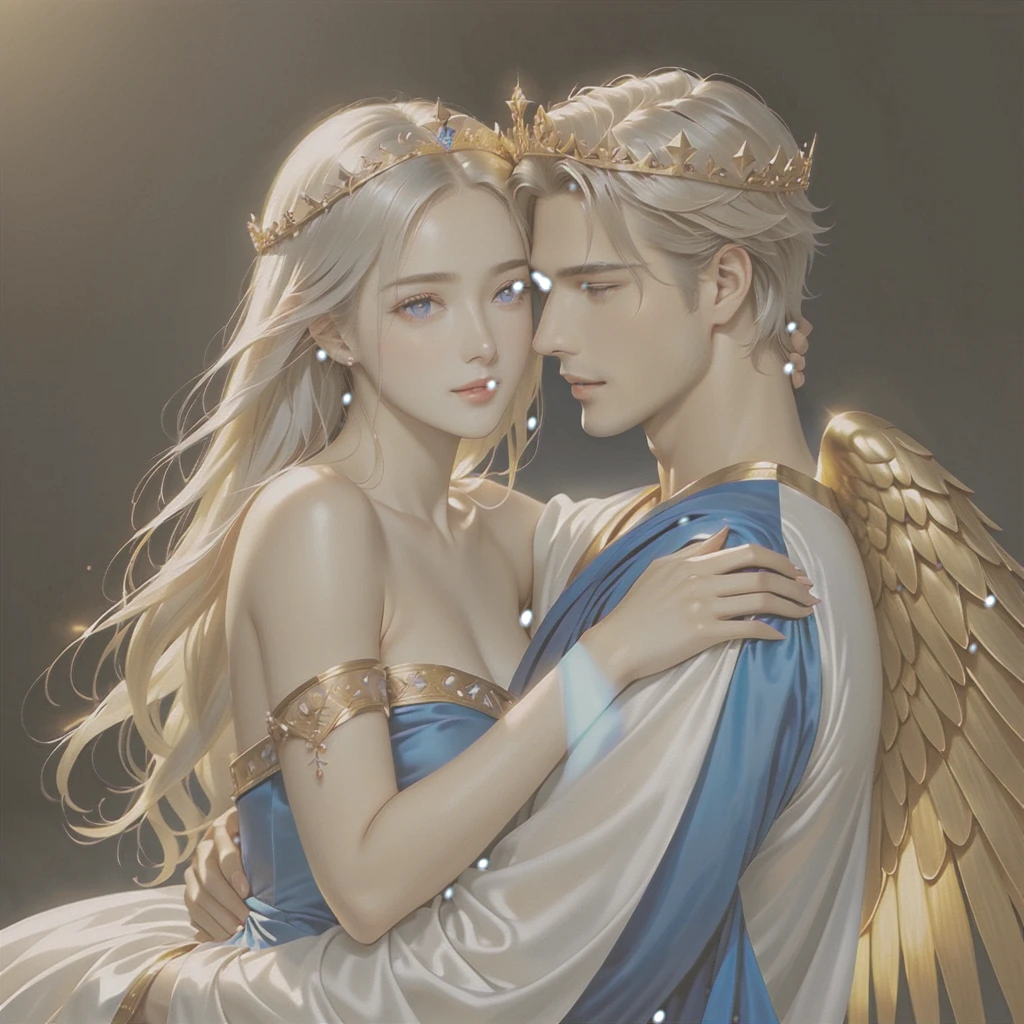 In the arms of a very handsome young, majestic, courageous, athletic, attractive king men with long straight platinum hair, liht blue burning eyes, dressed in golden royal robes, with a gold crown on his head, with large gold wings growing behind his back hugs an incredibly beautiful young delicate fragile woman in a flowing white translucent a Greek-style dress, she has blue eyes, long golden hair, an elegant golden tiara, a beautiful slender female body that can be seen through the fabric of her dress, beautiful neat small female breasts with pointed nipples, small pink halos. They are in love with each other, he gently hugs her. full-length image. realistic image, full-length image. careful drawing of the anatomical authenticity of the body, delicate type of face, excessive detailing of the female body. Masterpiece, perfect drawing, realistic drawing, full-length drawing, 8k. full-length image, realistic image, detailed image. an extremely detailed illustration, a real masterpiece, of the highest quality, with careful drawing. shading with shadows. careful display of the anatomical authenticity of the female body, attractive face type and excessive detail of the female body. realistic image, nsfw