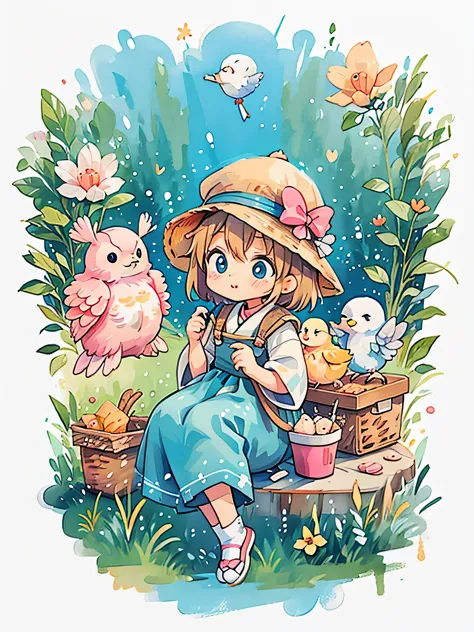 fujio akatsuka style, kawaii design, most beautiful girl ever、chibi, birdie、picnic