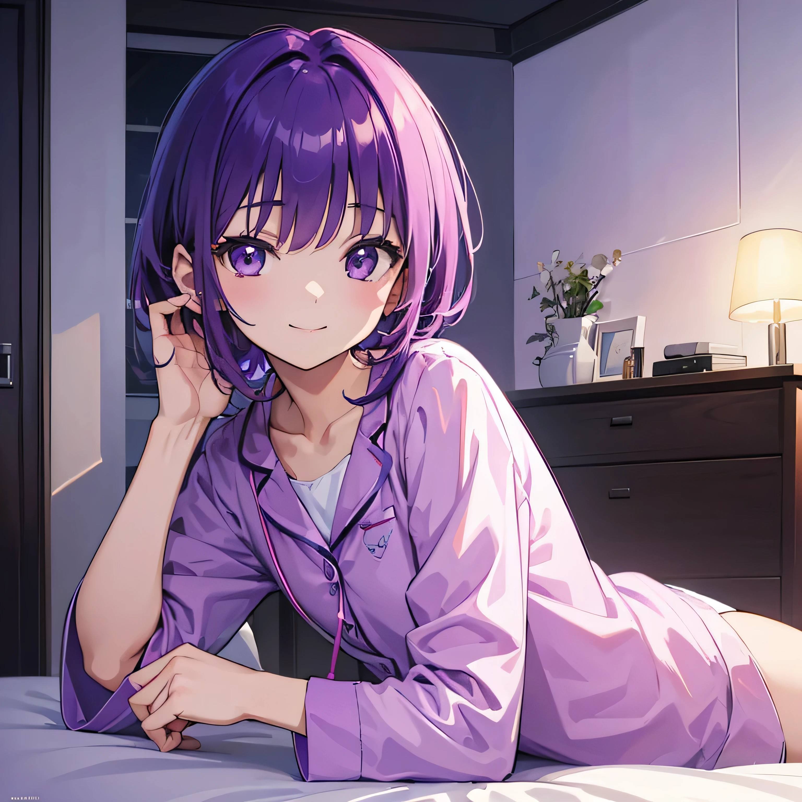 Chica anime acostada en la cama con camisa morada y pantalones morados. -  SeaArt AI