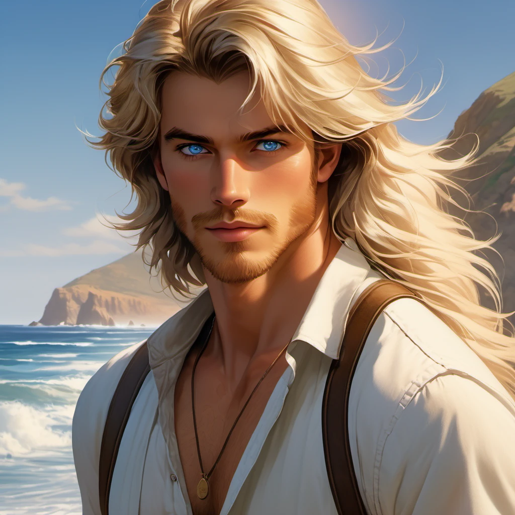 A tall, handsome, stately, masculine majestic young men, he has long straight silver-platinum hair, gray-blue eyes, athletic build, he is dressed in light jeans and a white T-shirt. He walks barefoot along an empty ocean beach, next to him holding his hand, there is an incredibly beautiful fragile delicate young woman of short stature, golden-haired blonde with long golden hair, blue eyes, she is dressed in a light white short summer silk sundress, she walks barefoot, in her hands she has white sandals. They are in love with each other. Masterpiece, perfect drawing, realistic drawing, full-length drawing, detailed study, 8k. full-length image, realistic image, dynamic image, detailed image. an extremely detailed illustration, a real masterpiece of the highest quality, with careful drawing. anime style.