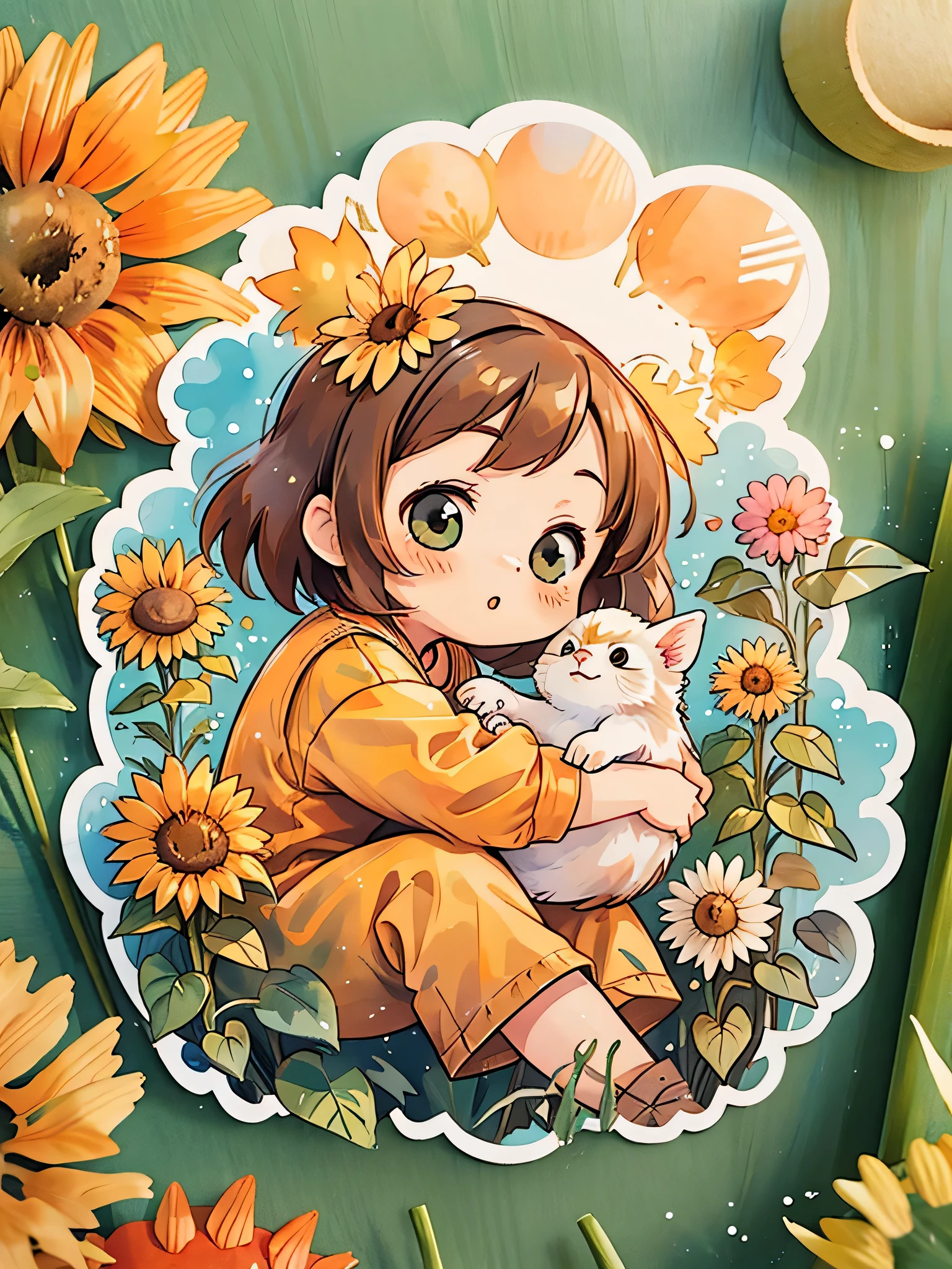 À la manière de Machiko Satonaka, Conception Kawaii, la plus belle fille de tous les temps、chibi, des yeux gentils、oiseau、soleilflower、soleil