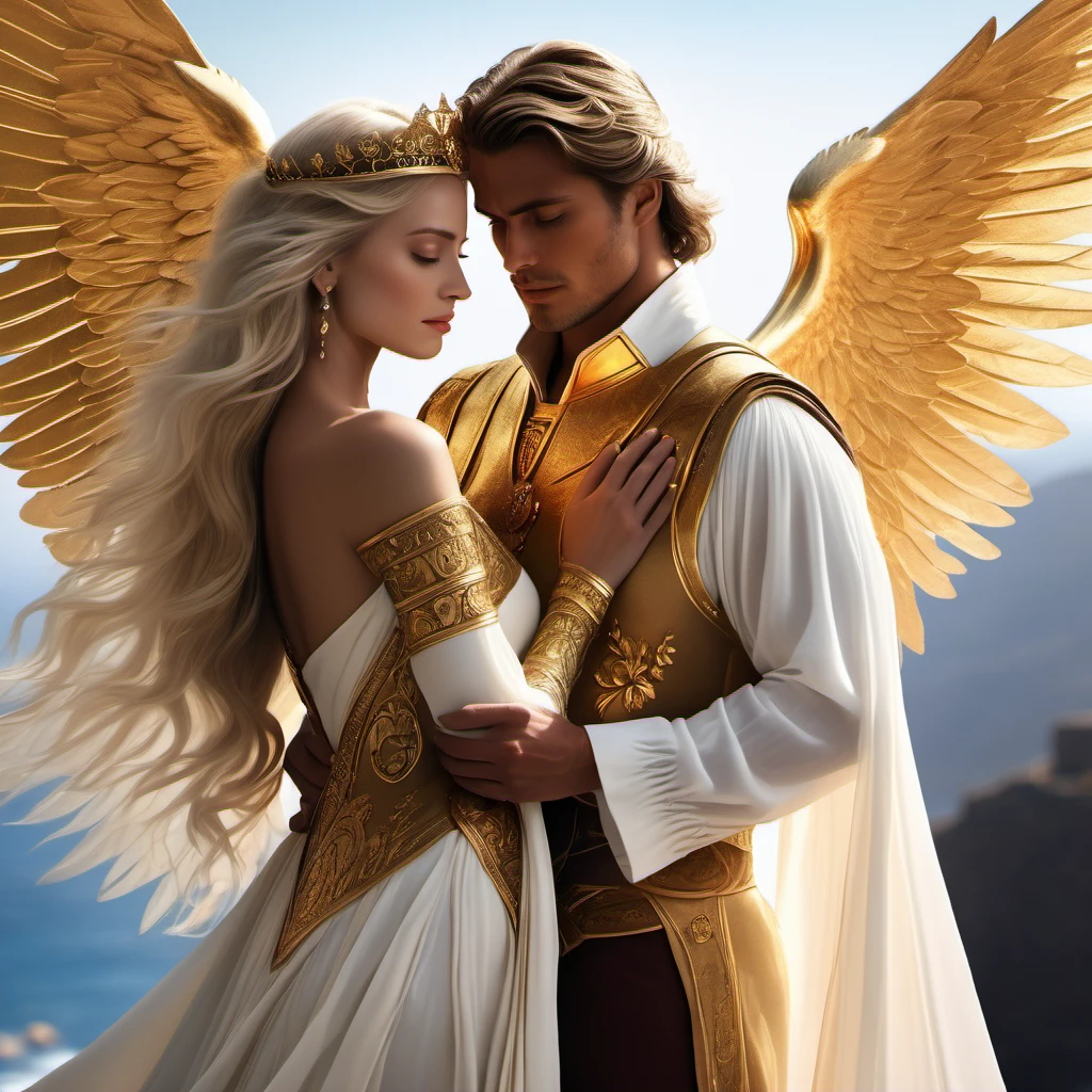 In the arms of a very handsome young, majestic, courageous, athletic, attractive king men with long straight platinum hair, liht blue burning eyes, dressed in golden royal robes, with a gold crown on his head, with large gold wings growing behind his back hugs an incredibly beautiful young delicate fragile woman in a flowing white translucent a Greek-style dress, she has blue eyes, long golden hair, an elegant golden tiara, a beautiful slender female body that can be seen through the fabric of her dress, beautiful neat small female breasts with pointed nipples, small pink halos. They are in love with each other, he gently hugs her. full-length image. realistic image, full-length image. careful drawing of the anatomical authenticity of the body, delicate type of face, excessive detailing of the female body. Masterpiece, perfect drawing, realistic drawing, full-length drawing, 8k. full-length image, realistic image, detailed image. an extremely detailed illustration, a real masterpiece, of the highest quality, with careful drawing. shading with shadows. careful display of the anatomical authenticity of the female body, attractive face type and excessive detail of the female body. realistic image, nsfw