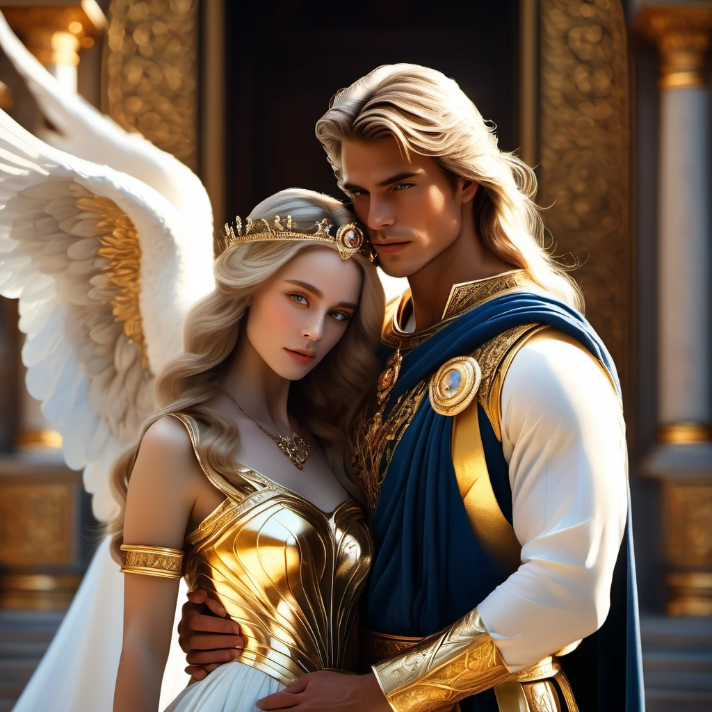 In the arms of a very handsome young, majestic, courageous, athletic, attractive king men with long straight platinum hair, liht blue burning eyes, dressed in golden royal robes, with a gold crown on his head, with large gold wings growing behind his back hugs an incredibly beautiful young delicate fragile woman in a flowing white translucent a Greek-style dress, she has blue eyes, long golden hair, an elegant golden tiara, a beautiful slender female body that can be seen through the fabric of her dress, beautiful neat small female breasts with pointed nipples, small pink halos. They are in love with each other, he gently hugs her. full-length image. realistic image, full-length image. careful drawing of the anatomical authenticity of the body, delicate type of face, excessive detailing of the female body. Masterpiece, perfect drawing, realistic drawing, full-length drawing, 8k. full-length image, realistic image, detailed image. an extremely detailed illustration, a real masterpiece, of the highest quality, with careful drawing. shading with shadows. careful display of the anatomical authenticity of the female body, attractive face type and excessive detail of the female body. realistic image, nsfw