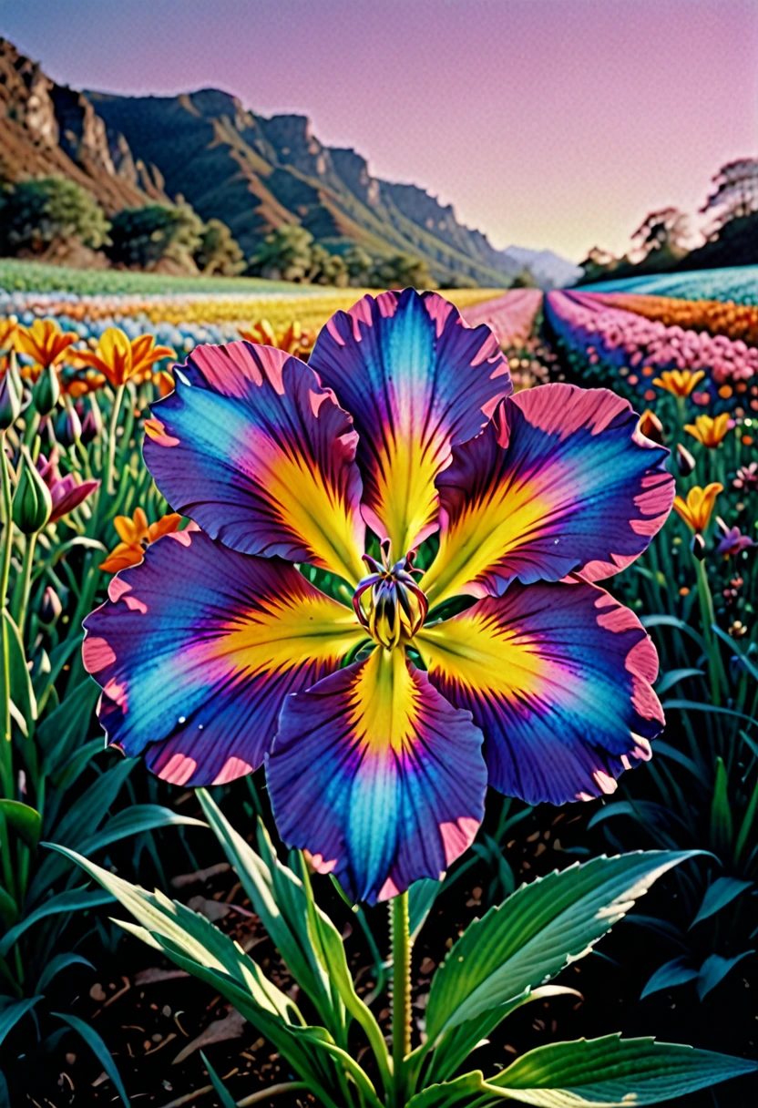 fatastic nature, ultra realism, ultra detail, cibachrome, flower photography, photopainting, 90s, furrowed, vibrant holographic gradient, front view, landscape photography