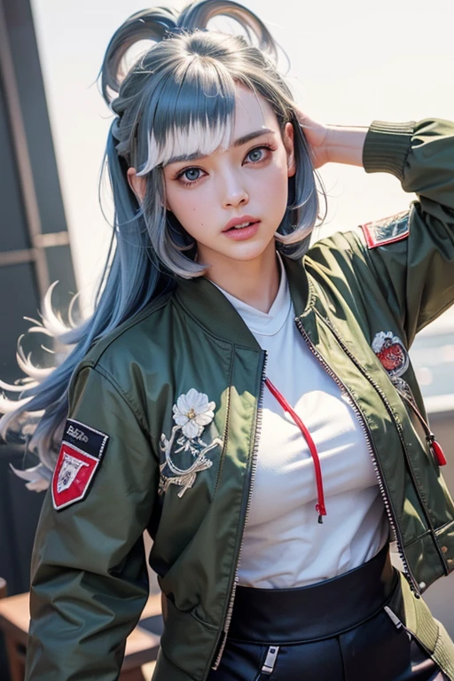 (masterpiece:1.2), (photorealistic:1.2), (best quality),((realistic:1.3)), (detailed skin:1.3), (intricate details), Half body shot in a dynamic, action pose. Cool, beautiful, youthful and sexy 20 year old woman wearing an army green bomber jacket holding a katana high, her head tilted slightly upwards, hair is graying white in a bob cut, midrib exposed. Cinematic composition. Jacket with cool embroidery from western pop culture.