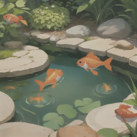 (this_shadow),
A little red goldfish and many other little goldfish are playing in the pond,
masterpiece,best quality,