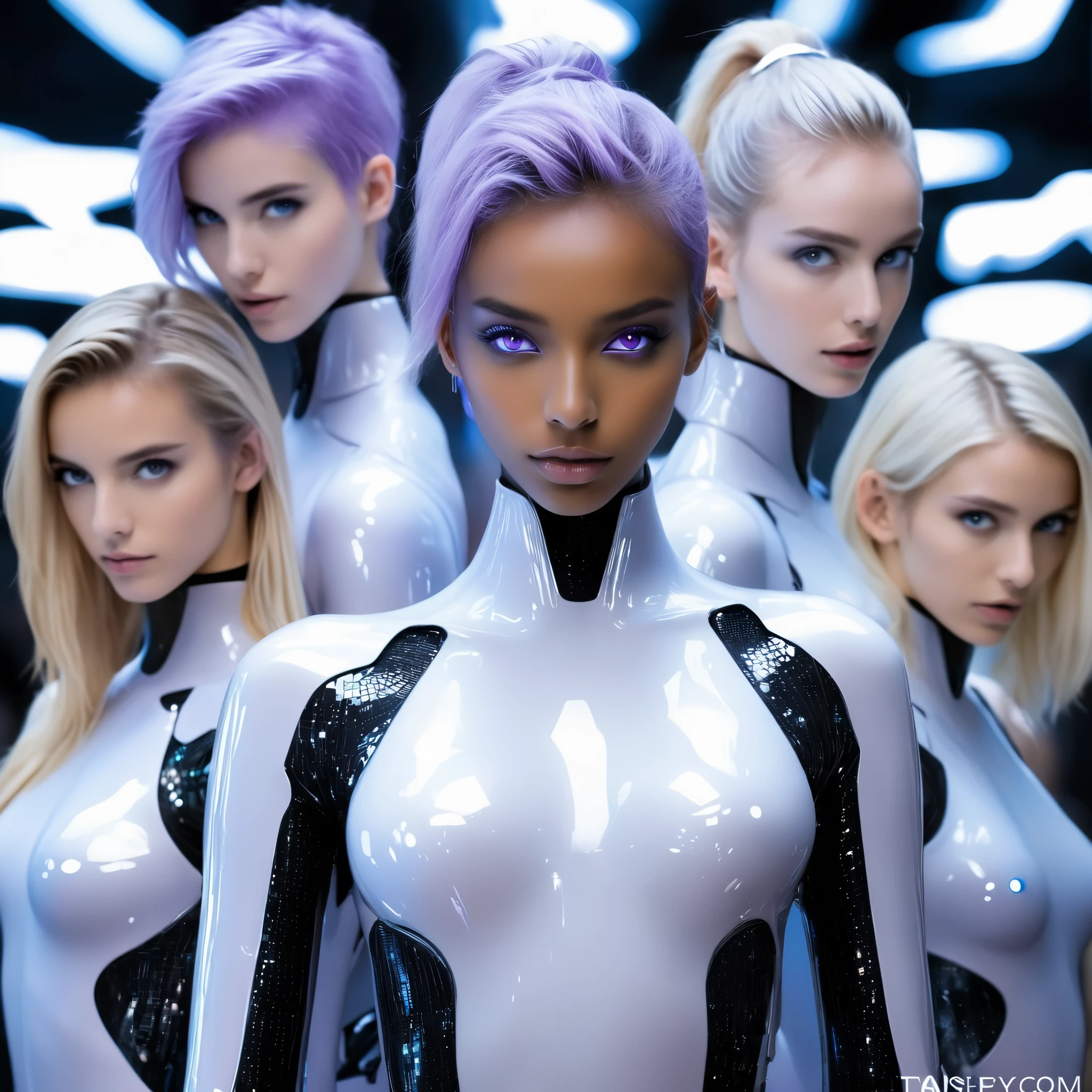 Three women in futuristic costumes posing for a picture - SeaArt AI