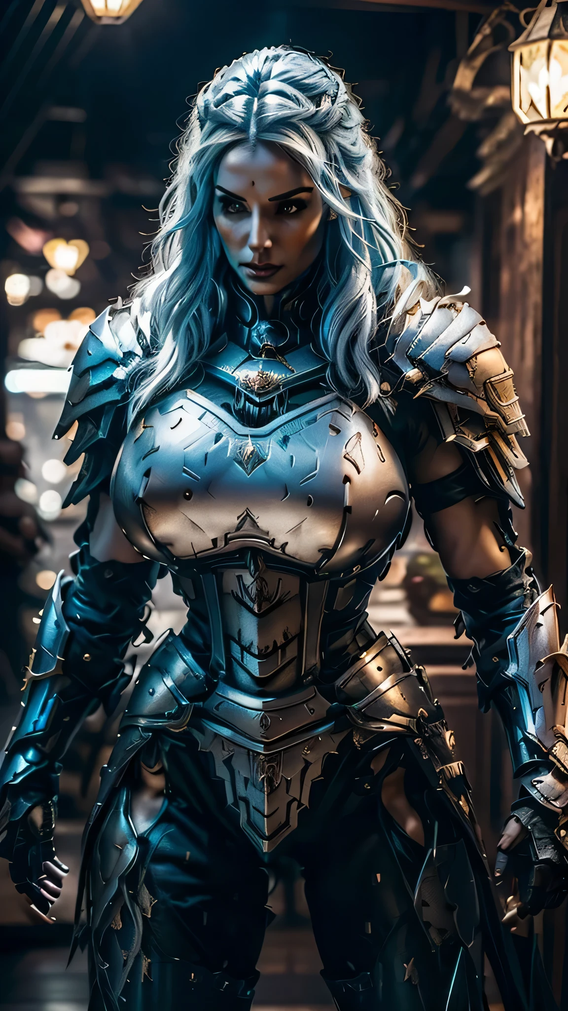 A woman in armor standing in a dark room with a light on - SeaArt AI