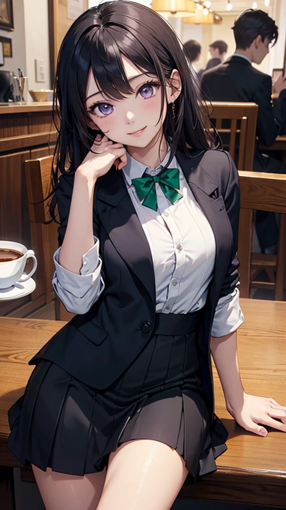 (The highest masterpiece, highest quality,official art),(attractive woman),((masterpiece, highest quality))、 woman alone、((2))、Head to knee、attractive woman、smile、purple eyes、black hair、Half-up hairstyle、black suit、black long skirt、A bow tie、Emerald green stone in the center of the tie、 coffee shop、aerial perspective、great illustrations、Light、Light、Light、