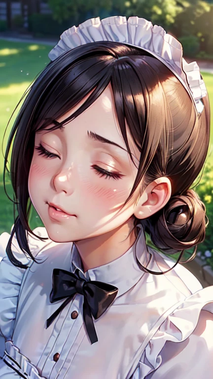 (high quality, High resolution, small details), anime style, (kissing face:1.3), (victorian maid dress), alone, curvaceous woman, (close your eyes:1.2), blush, soft lips, Sweat, oily skin, (Front view:1.4), (focus on face:1.6), (tilt head:1.3), shallow depth of field, Natural light, soft and warm lighting, subtle shadow, romantic atmosphere
