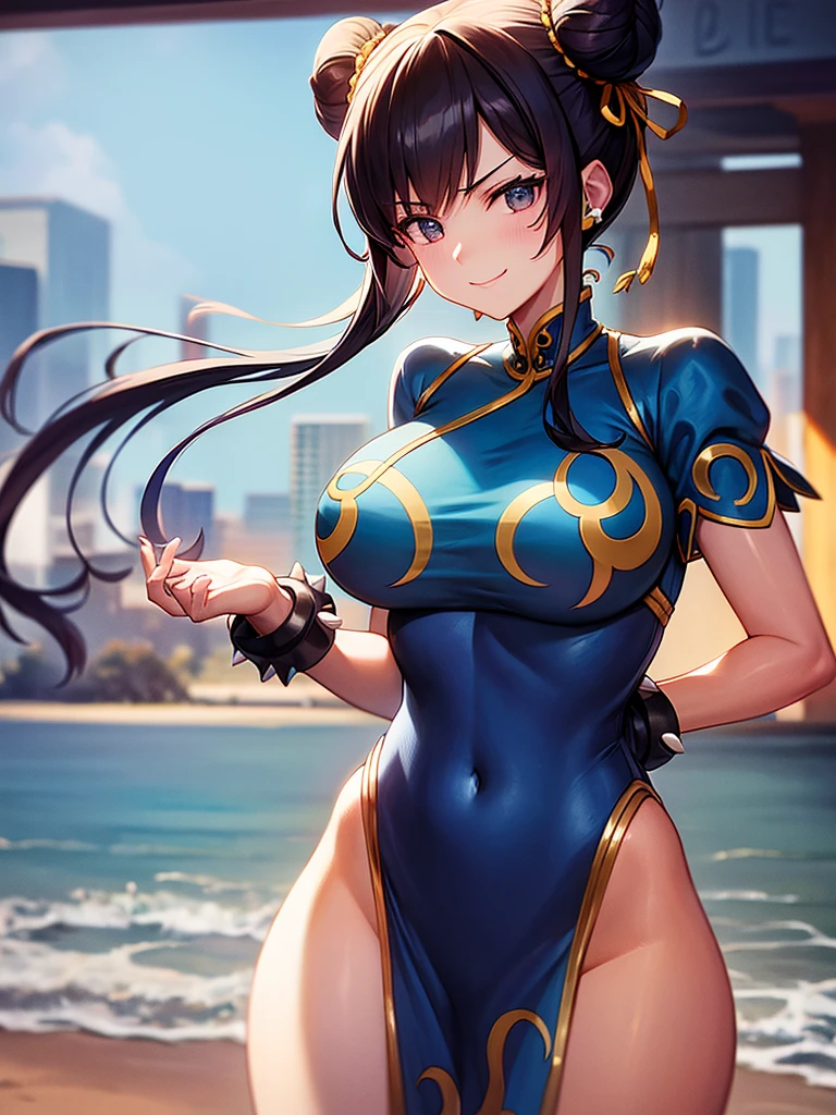 semi nua,roupa azul,solo, low lighting, chun li masterpiece, best quality, agrias, grey sweater, black leotard, standing, looking at viewer, black hair,angry,smile,sunset,lago, reflexo na agua, por do sol
