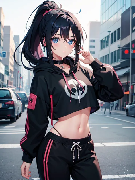 a beautiful cute anime girl,blue eyes,long black hair, ponytail,(high-details),crop top hoodie, black training pants,city(hd-vie...