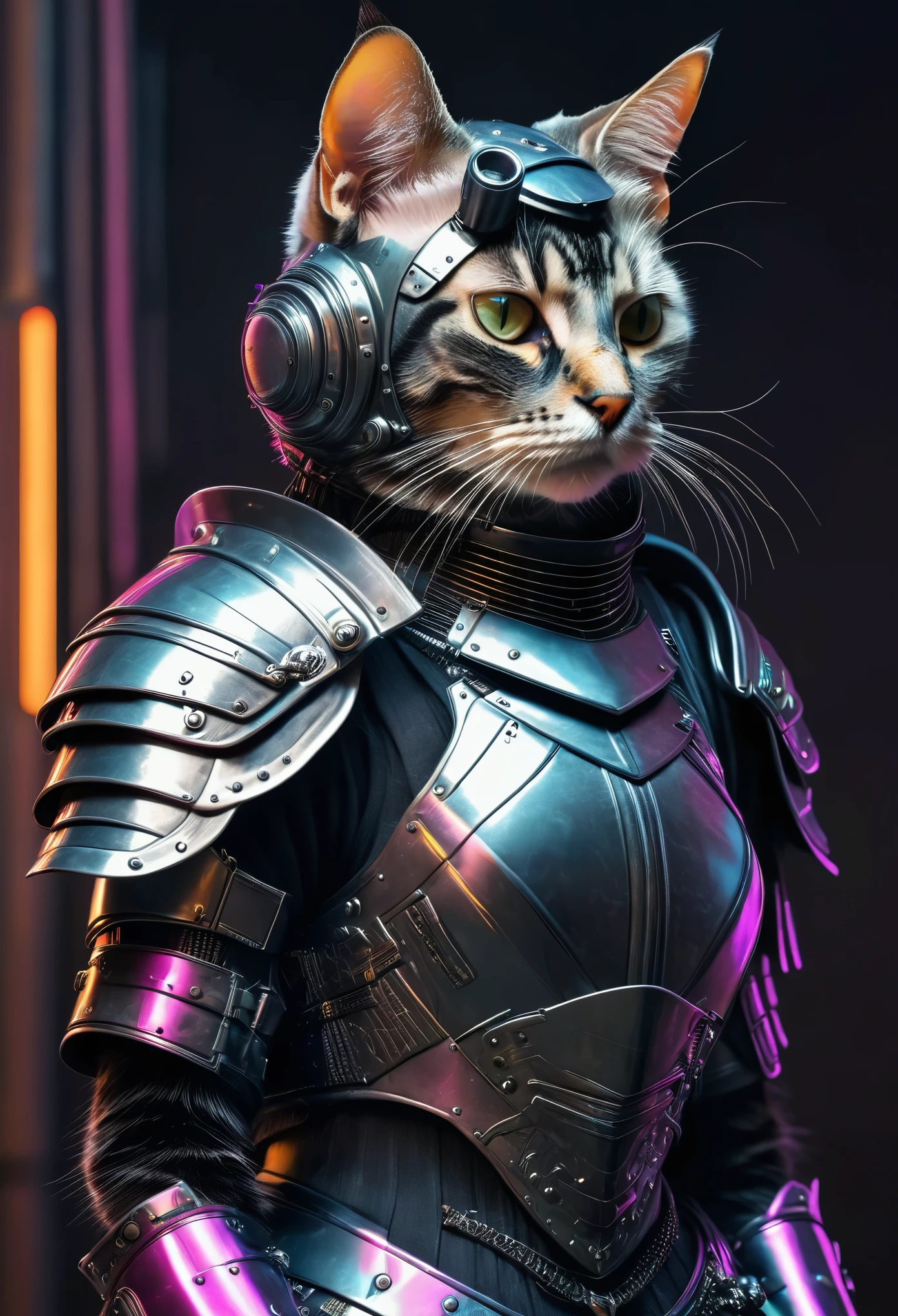 Dressed animals page, captivating and intriguing image of a cat dressed in cyberpunk styled knight armor, 