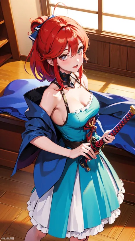 anime girl in a blue dress with red hair and a sword, seductive anime girl, biomechanical oppai, trending on artstation pixiv, m...
