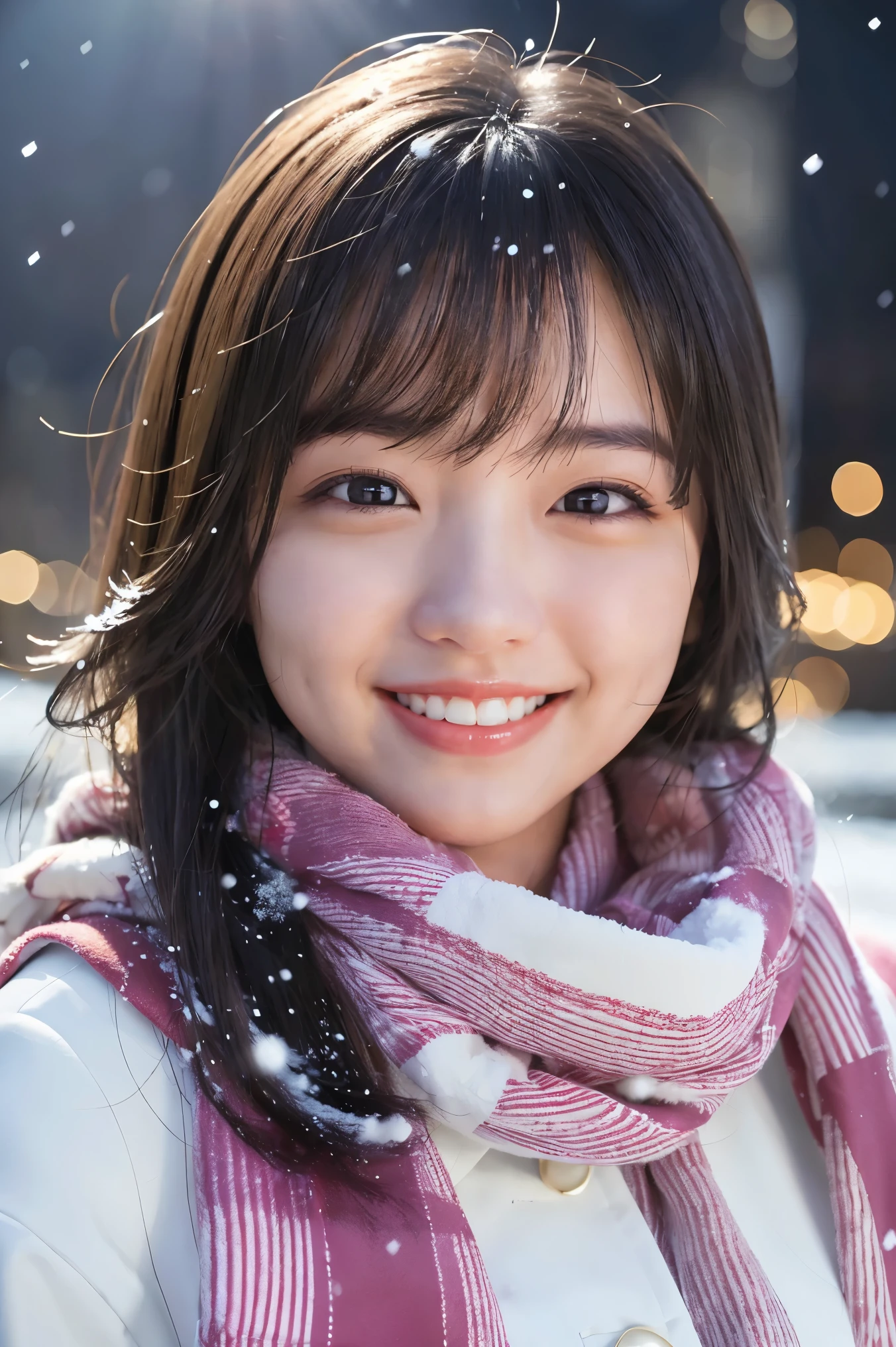 (highest quality、masterpiece、8k、best image quality、hyper realism、Award-winning work)、1 girl、(Classy coat:1.1)、(perfect pink scarf:1.1)、Soft and delicate light、dramatic lighting、Romantic snowy night city、Romantic Christmas illuminations、Beautiful night view of a snowy city、the best smile looking at me、Fine sparkling snow、Beautiful snow reflecting light、Diamond dust、(Tyndall effect:1.1)、beautiful snow scene、(It&#39;s snowing:1.1)、(Snow in your hair:1.1)、accurate anatomy、(close up of face:1.1)、Beautiful glossy lipstick, natural color、natural makeup、glossy lips、Ultra high definition glossy skin、ultra high definition radiation, beautiful skin、Milky white moisturized skin、Beautiful glowing skin、Ultra-high definition glossy lips、Super high-definition sparkling eyes、Beautiful perfect teeth in super high resolution、Show your beautiful teeth and smile big
