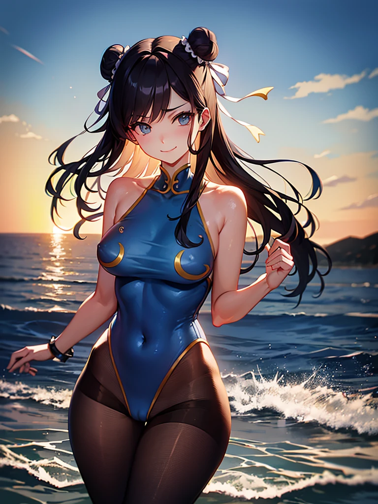 semi nua,roupa azul,solo, low lighting, chun li masterpiece, best quality, agrias, grey sweater, black leotard, standing, looking at viewer, black hair,angry,smile,sunset,lago, reflexo na agua, por do sol
